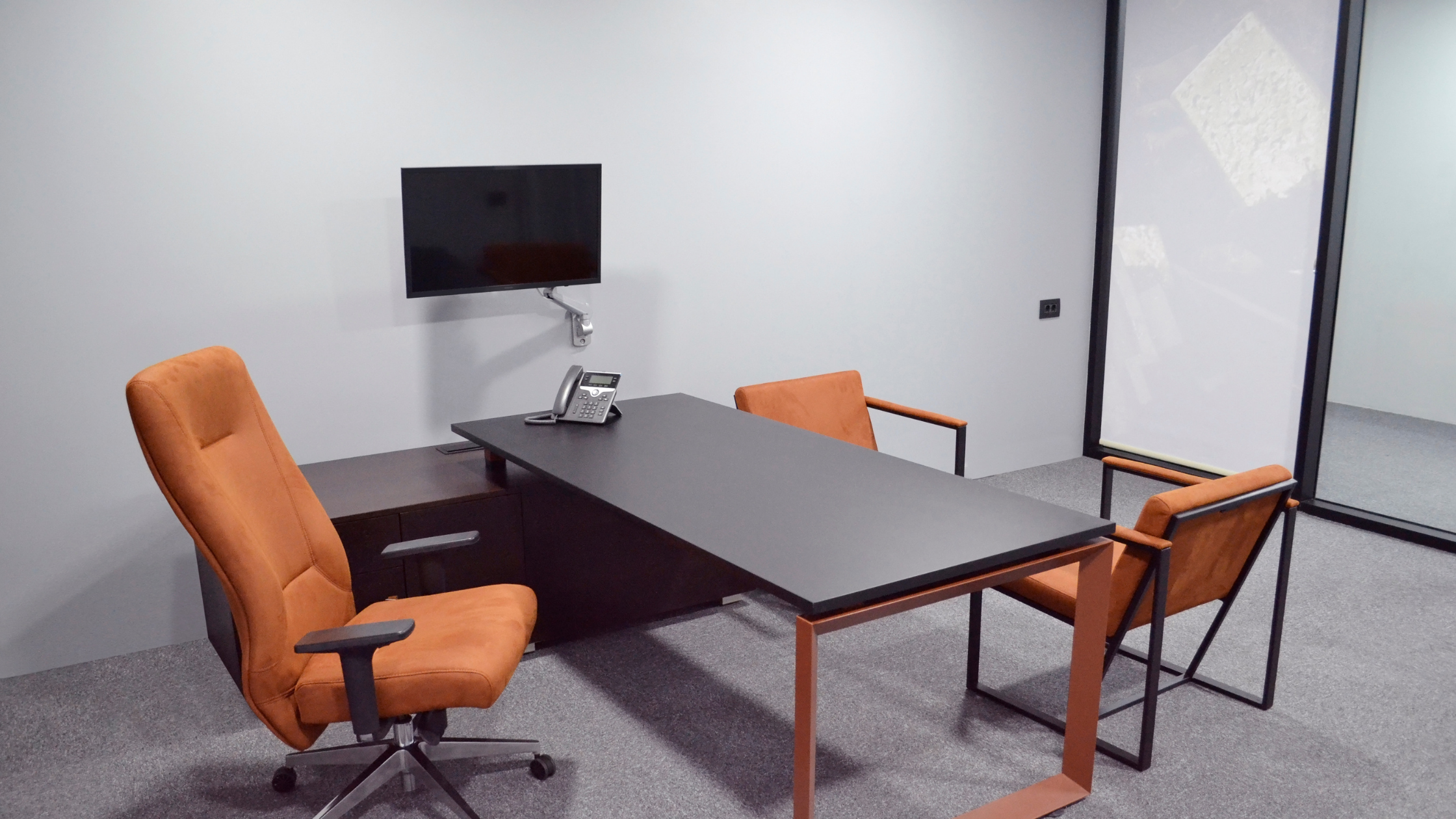 Office Desk, Chair, and Furniture in Small Conference Room